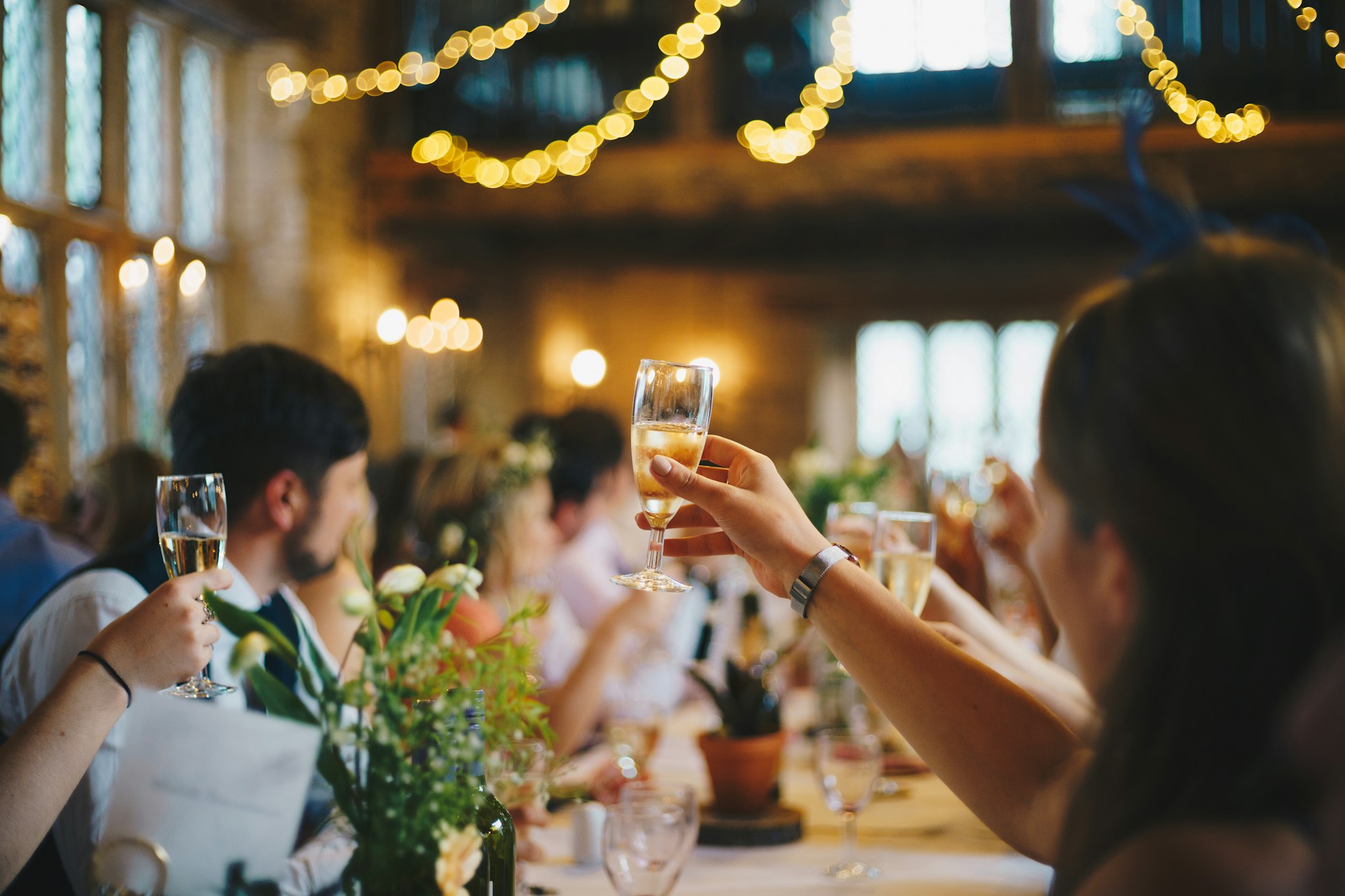 Guests raising a toast beneath warm string lights at an evening celebration.