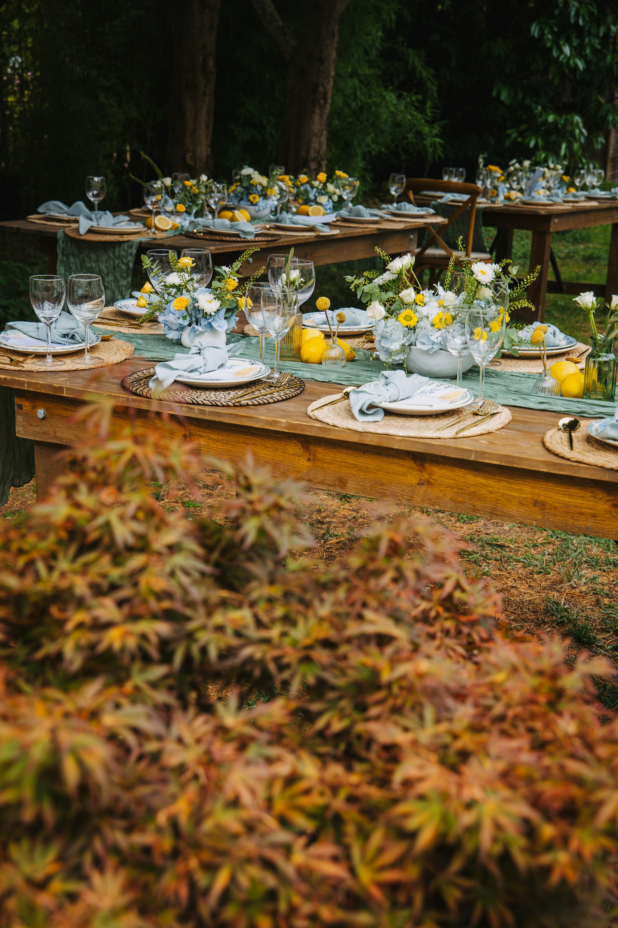 A long outdoor celebration table set with florals beneath the trees.